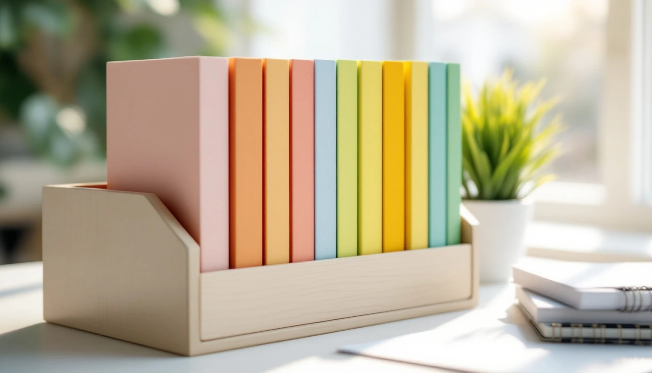 A row of pastel-coloured card dividers standing upright in a pale wooden desk organiser beside a small plant and a stack of notebooks