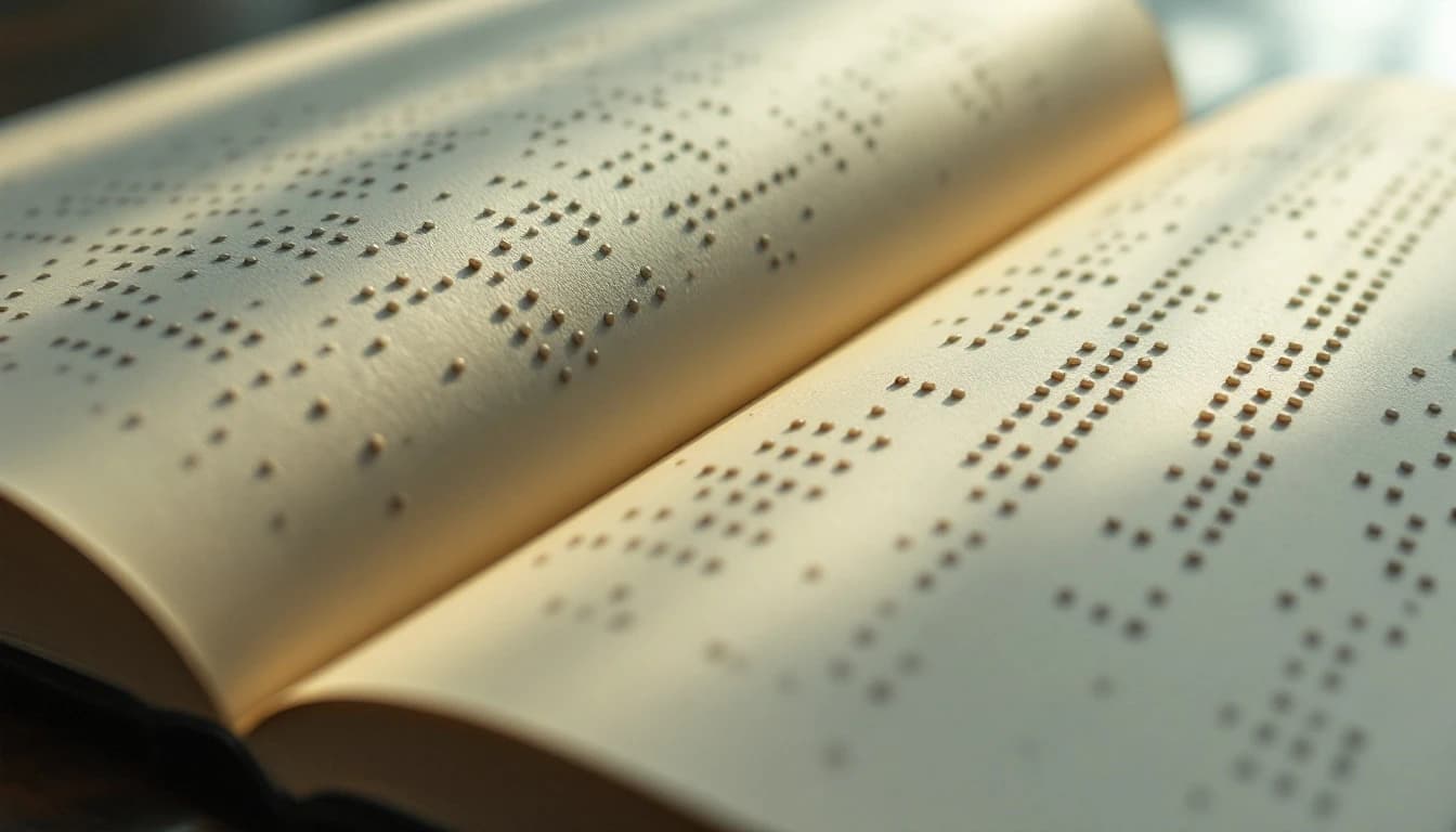A close-up of an open book page of embossed braille dots under soft raking light on a wooden desk