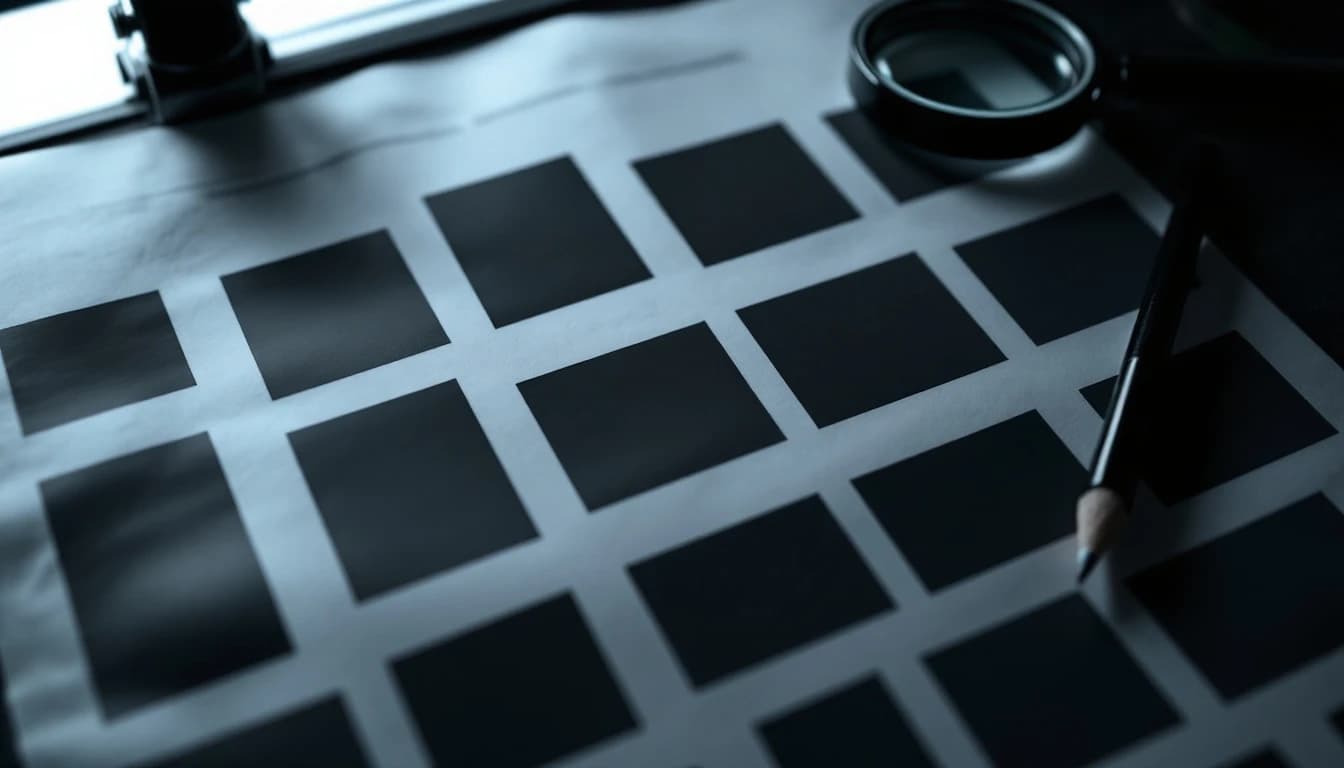 A photographer's contact sheet of blank dark frames on a light table with a loupe and pencil resting on it