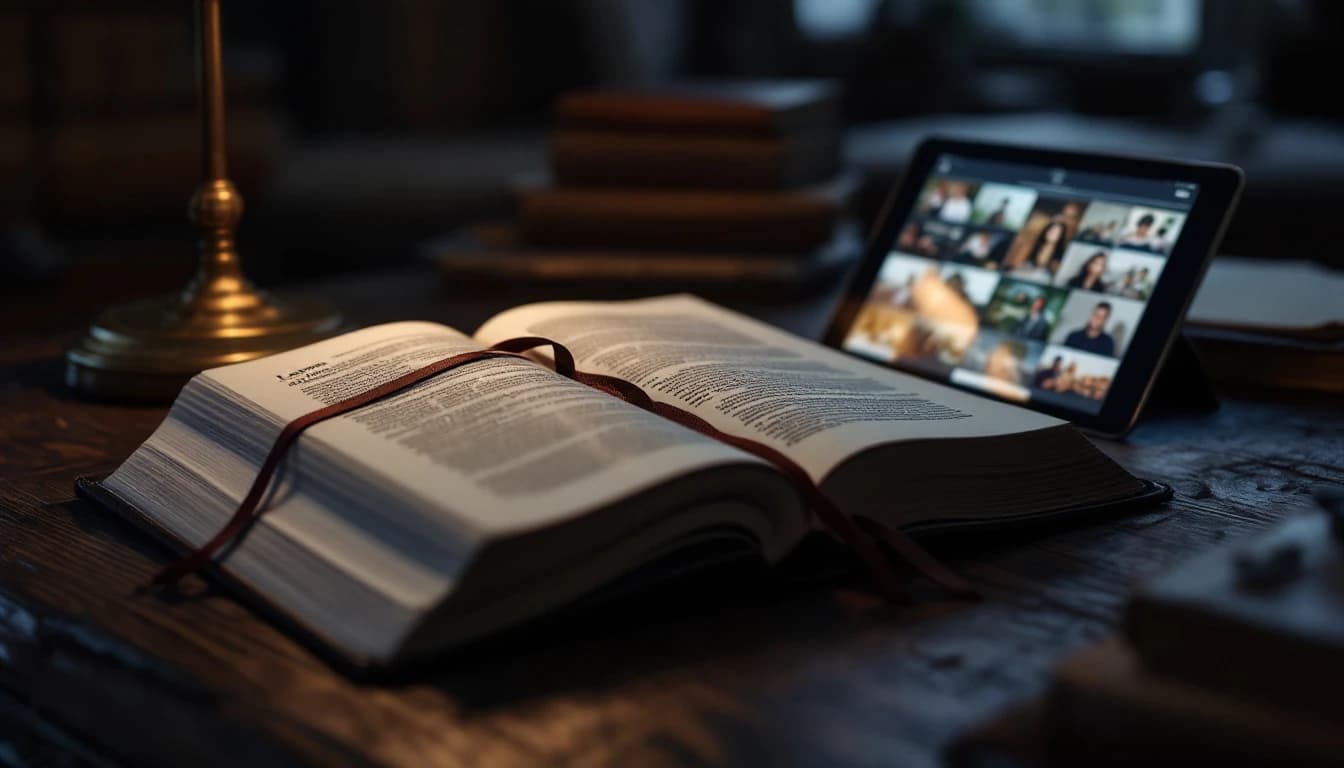 An open legal reference book on a desk beside a tablet showing a photographic image grid