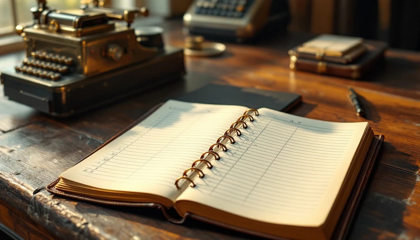 An open ruled ledger book lying on a worn wooden desk beside a vintage brass adding machine, warm afternoon light falling across the page