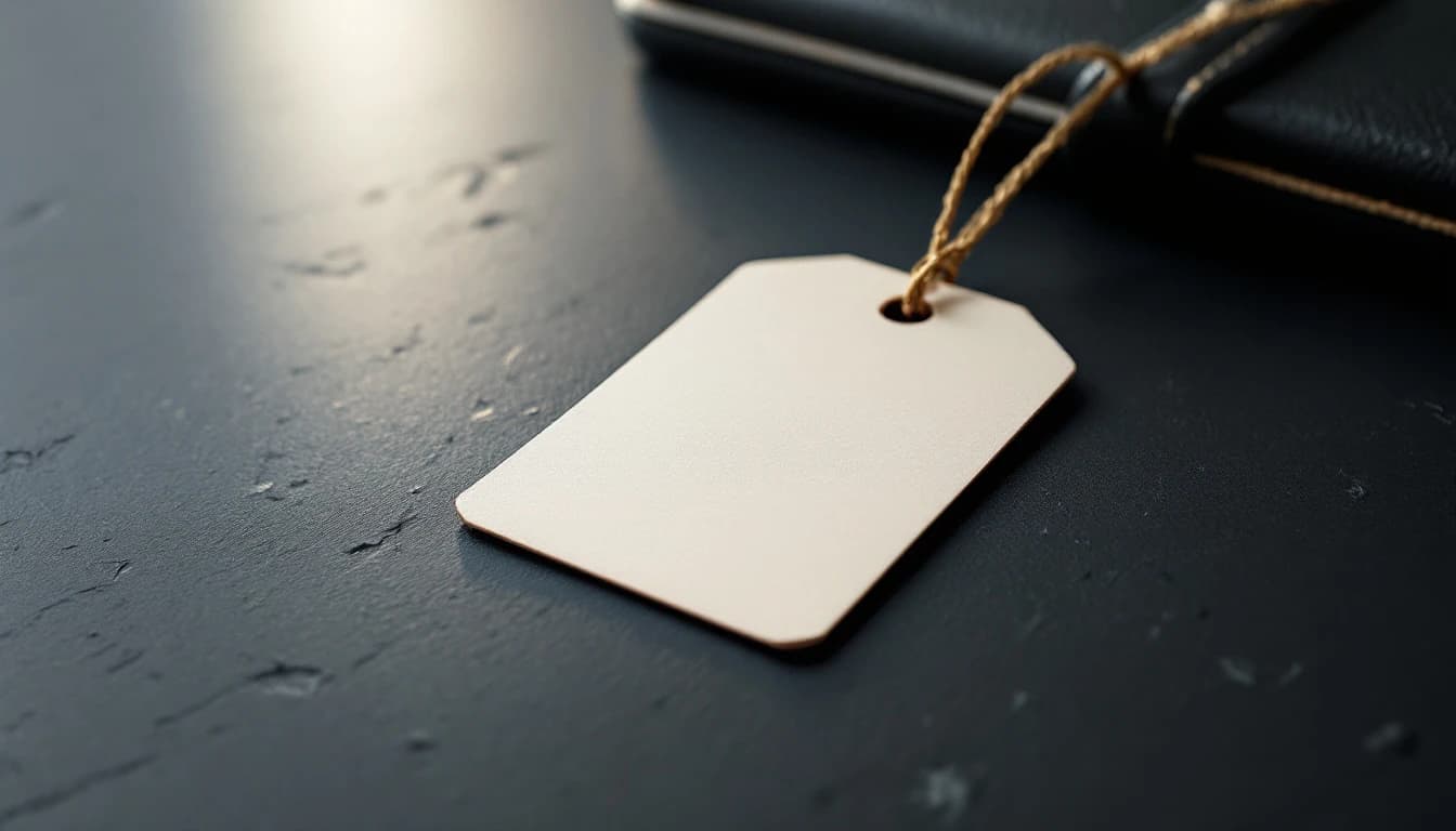 A blank paper luggage tag with a twine loop lying on a dark textured slate surface