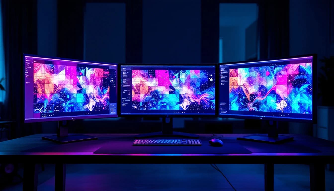 Three monitors side by side displaying grids of colourful AI-generated artwork in a dark studio