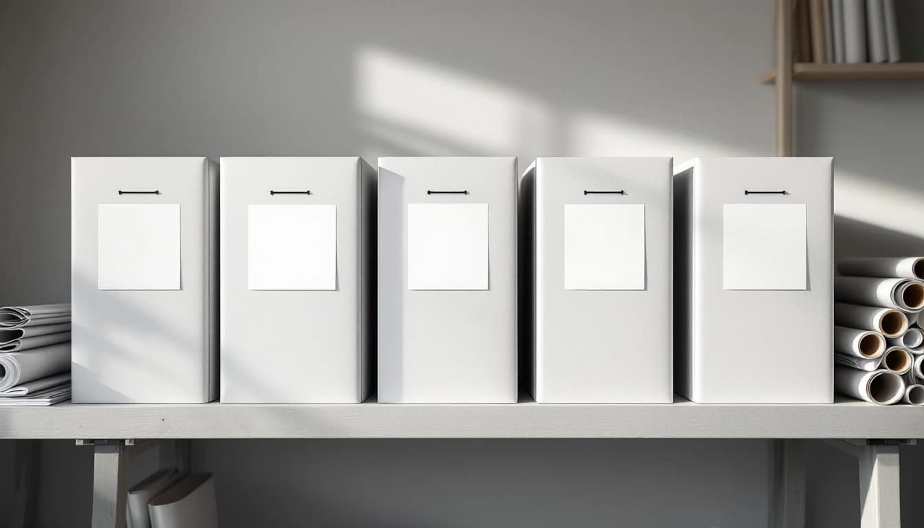 A row of plain archive boxes on an architect's studio shelf with rolled drawings stacked alongside