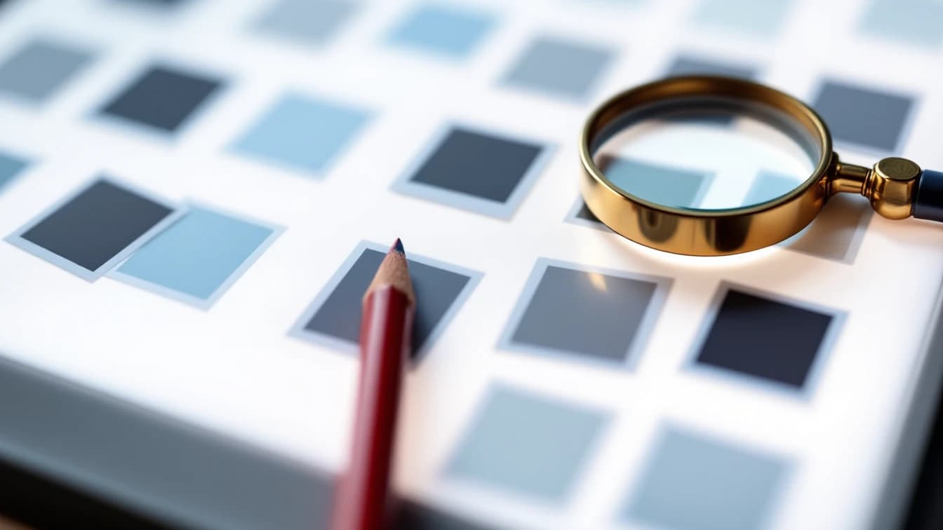 Rows of small blank photographic prints laid out on a bright white lightbox with a red pencil and a brass magnifying loupe resting on top
