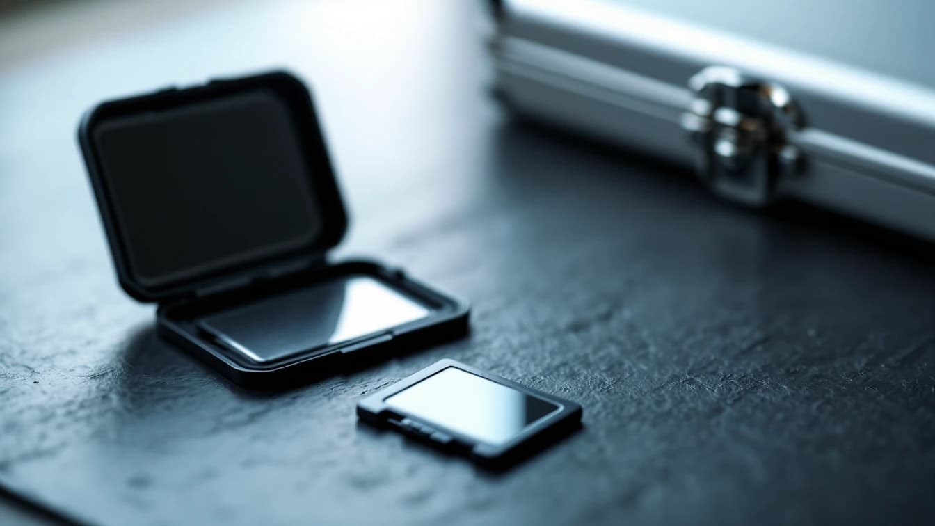 An SD memory card lying on a dark slate desk beside a small open card case, with a brushed aluminium case behind