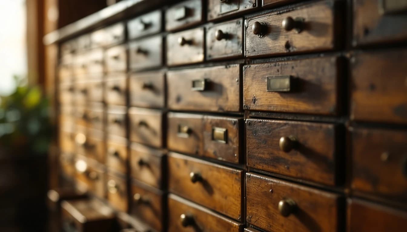 A long apothecary cabinet of small wooden drawers with blank brass label holders under warm light