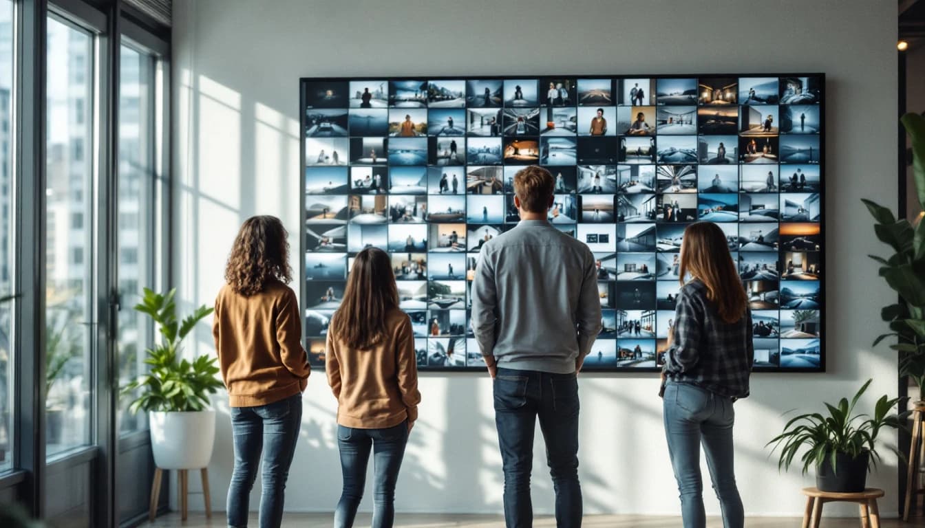 An agency team standing in front of a wall-mounted display showing a large grid of client photographs