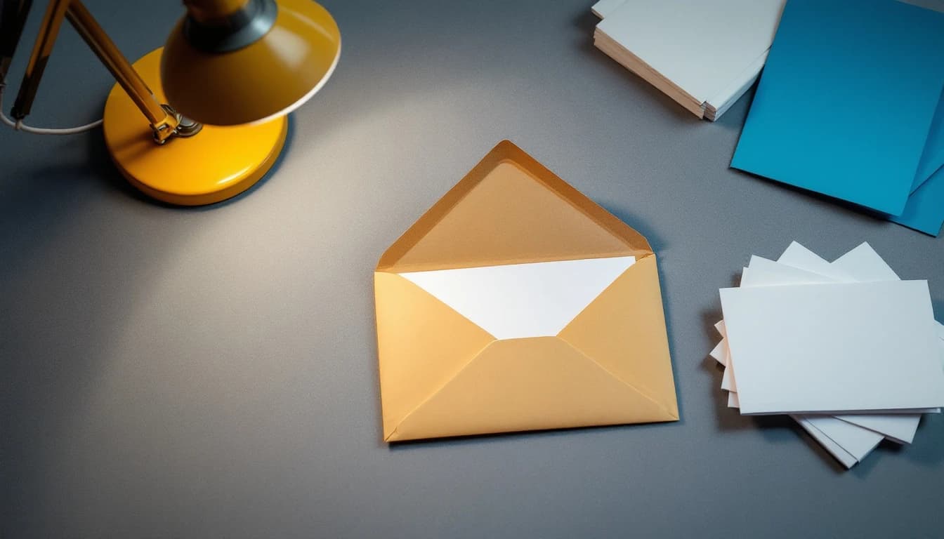 An opened manila envelope on a grey desk with its contents stacked separately to one side, lit by a yellow desk lamp