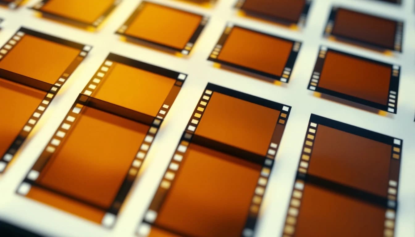 A contact sheet of film frames on a lightbox, every frame sharing the same warm tone and shallow depth of field