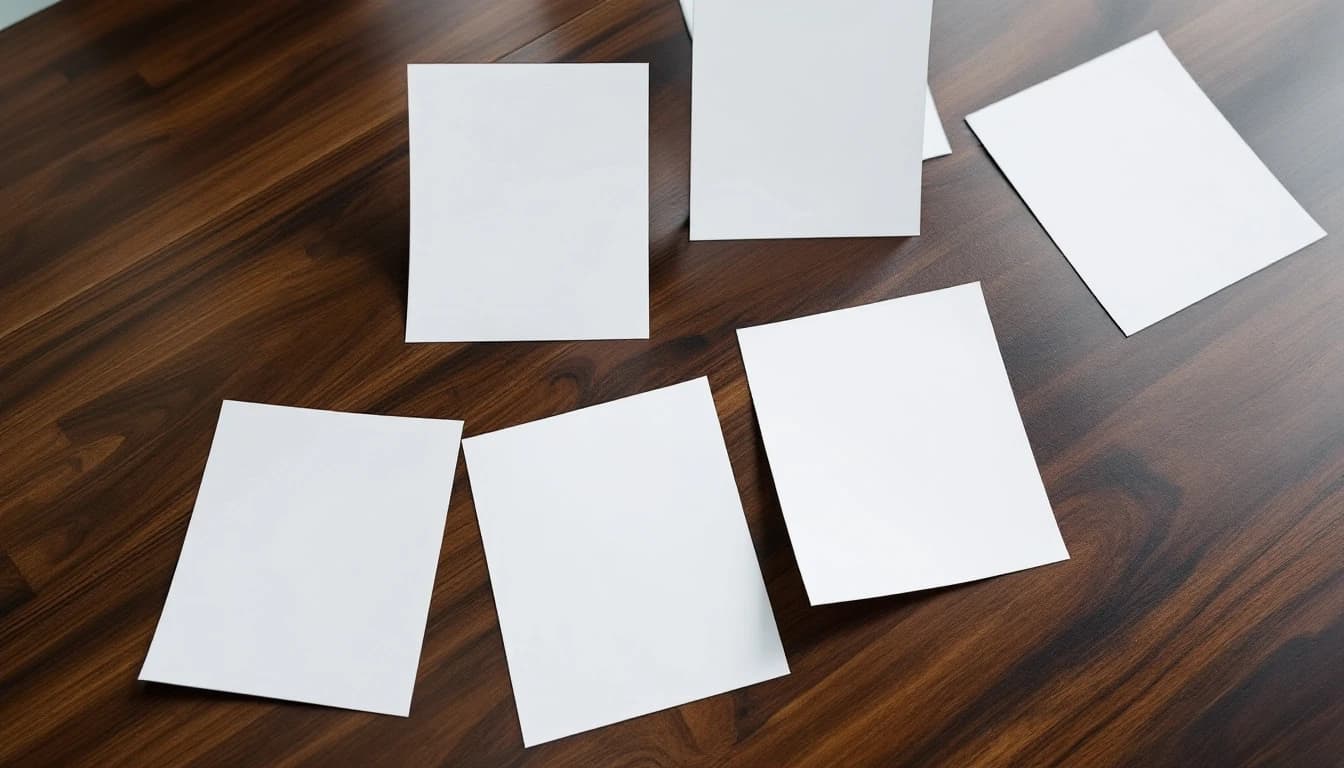 Several blank white photographic prints scattered across a dark walnut tabletop, one nudged slightly apart from the others