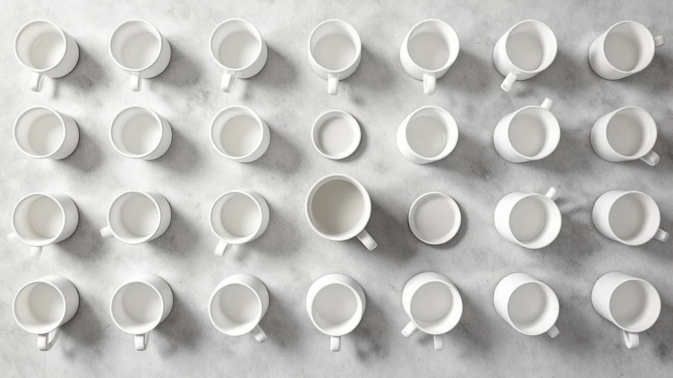 An overhead view of identical white ceramic cups arranged in neat rows on a pale grey table, one rotated out of alignment