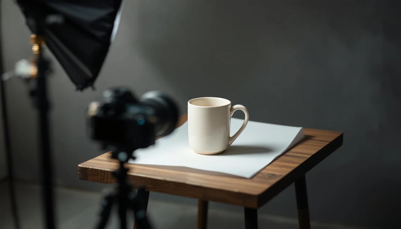 A small studio setup with a product on a white sweep, softbox and camera on a tripod