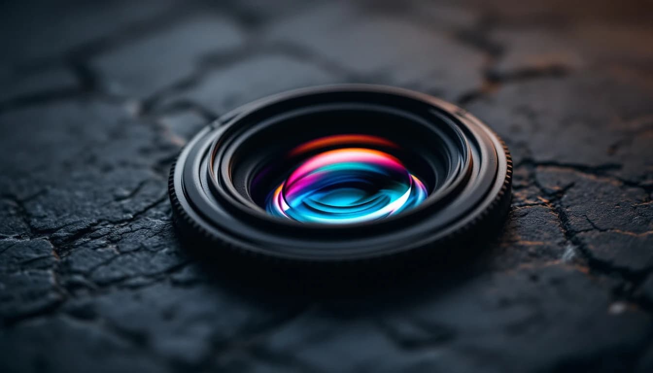 Macro close-up of a camera lens element showing coloured reflections, resting on a dark slate surface