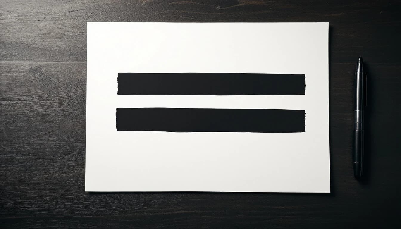 A sheet of paper on a desk crossed by thick black redaction bars, a marker lying alongside it