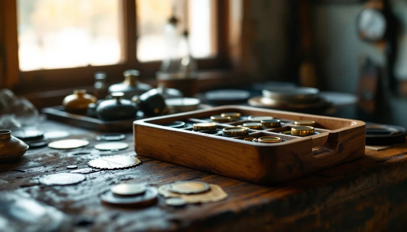 A shallow wooden compartment tray holding small round brass seals and emblems on a workshop bench