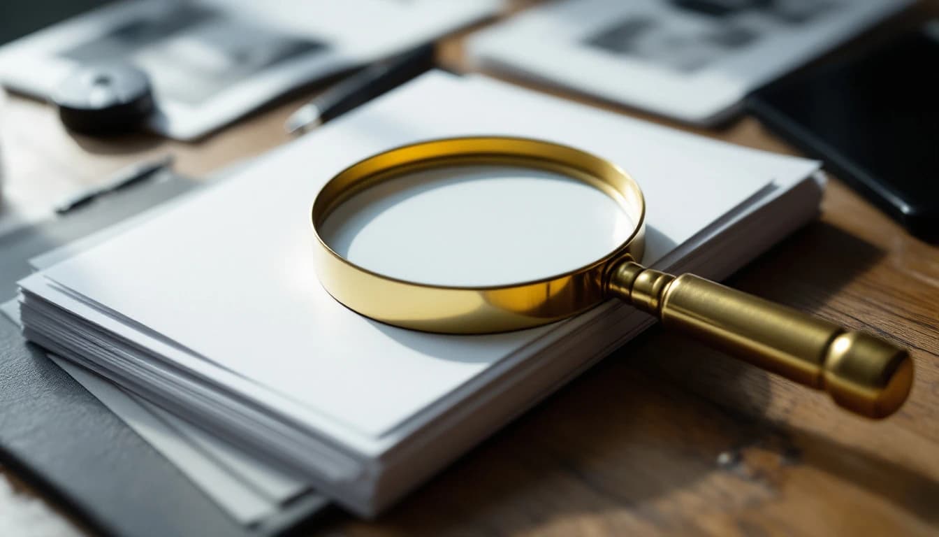 A magnifying loupe resting on a stack of photographic prints on an archive desk