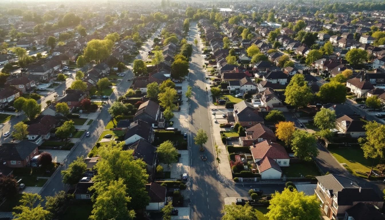 Aerial view looking down on a suburban neighbourhood of houses and tree-lined streets at golden hour