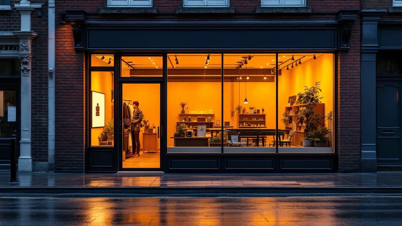 The exterior of a small independent shopfront at dusk, its large plate glass window glowing with warm interior light above a wet pavement