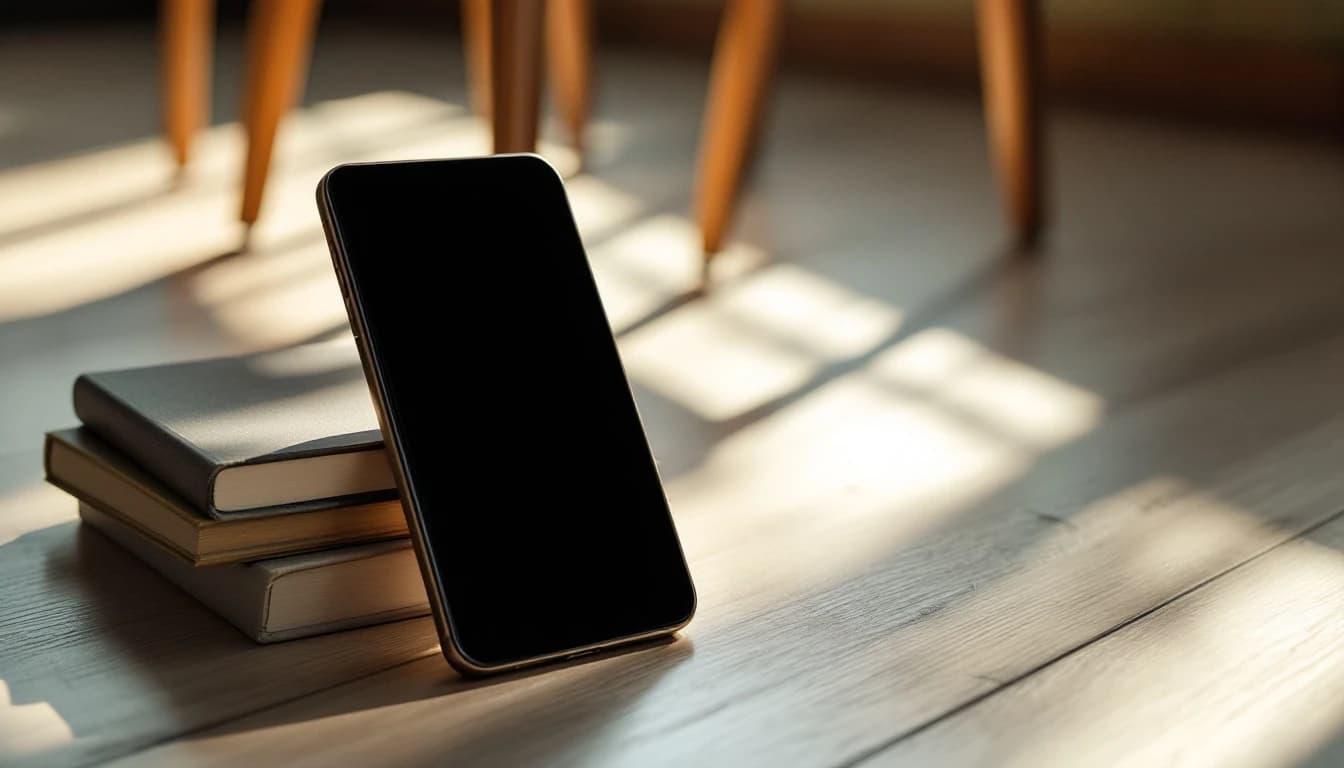 A smartphone propped against a stack of books on a sunlit wooden floor, facing the legs of a wooden chair