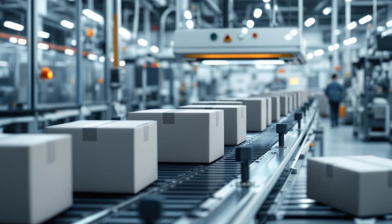 A conveyor belt in a sorting facility carrying identical grey parcels past an overhead scanning arch