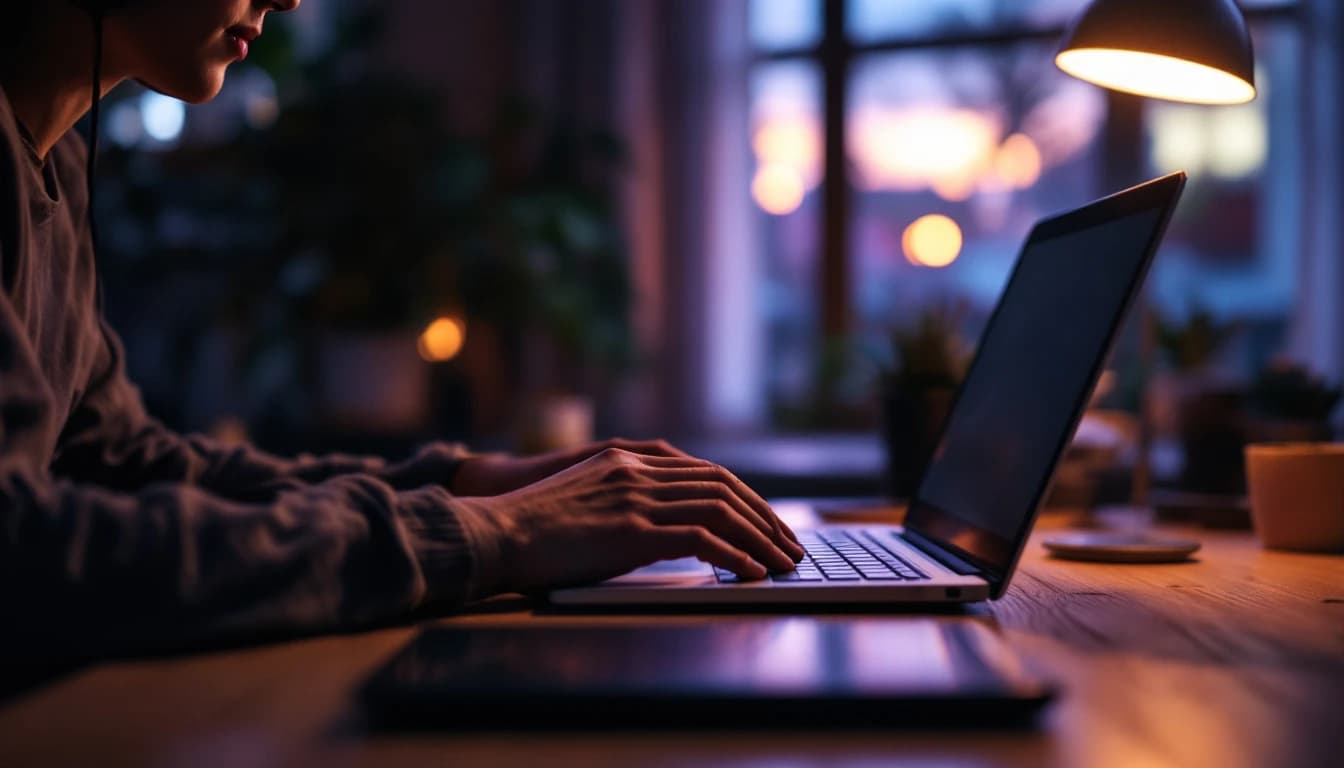 A person wearing headphones working at a laptop in a dimly lit room at dusk