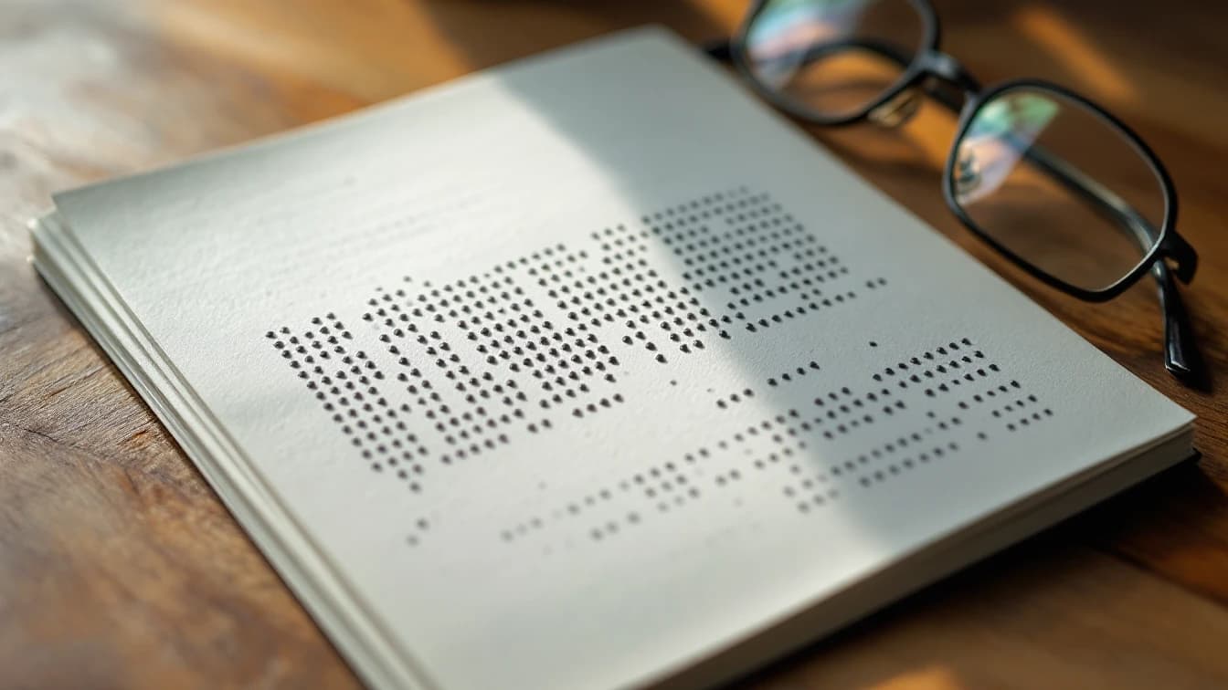 A page embossed with raised braille dots resting on a paper stack on a warm wooden desk, beside black-framed reading glasses