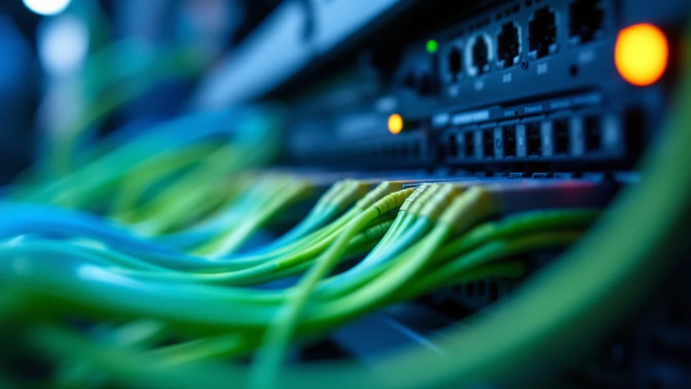 A fibre optic patch panel in a server rack with neatly bundled cyan and green cables looping in an orderly arc