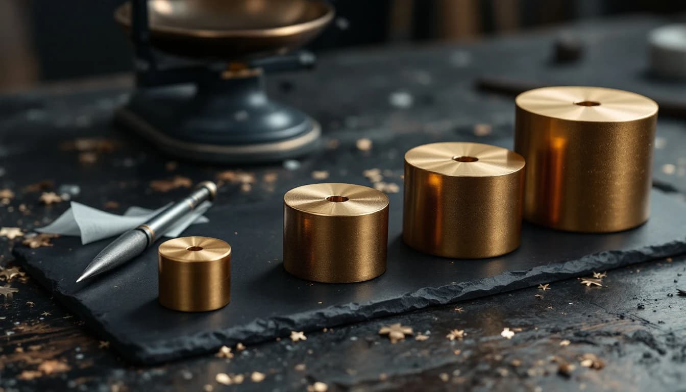 A set of brass jeweller's weights arranged in descending size on a dark workbench beside a small balance scale