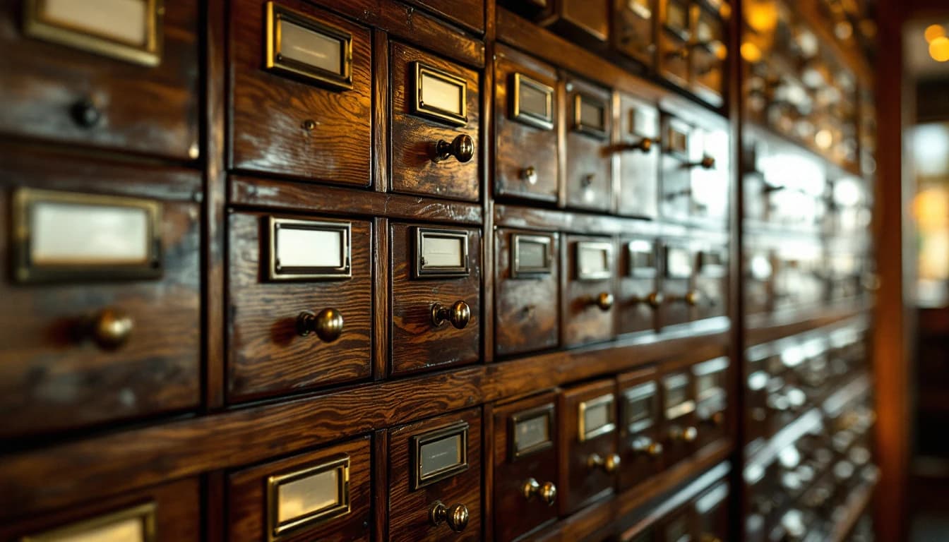 A wall of wooden card-index drawers with brass label frames and small round pulls, lit warmly from one side