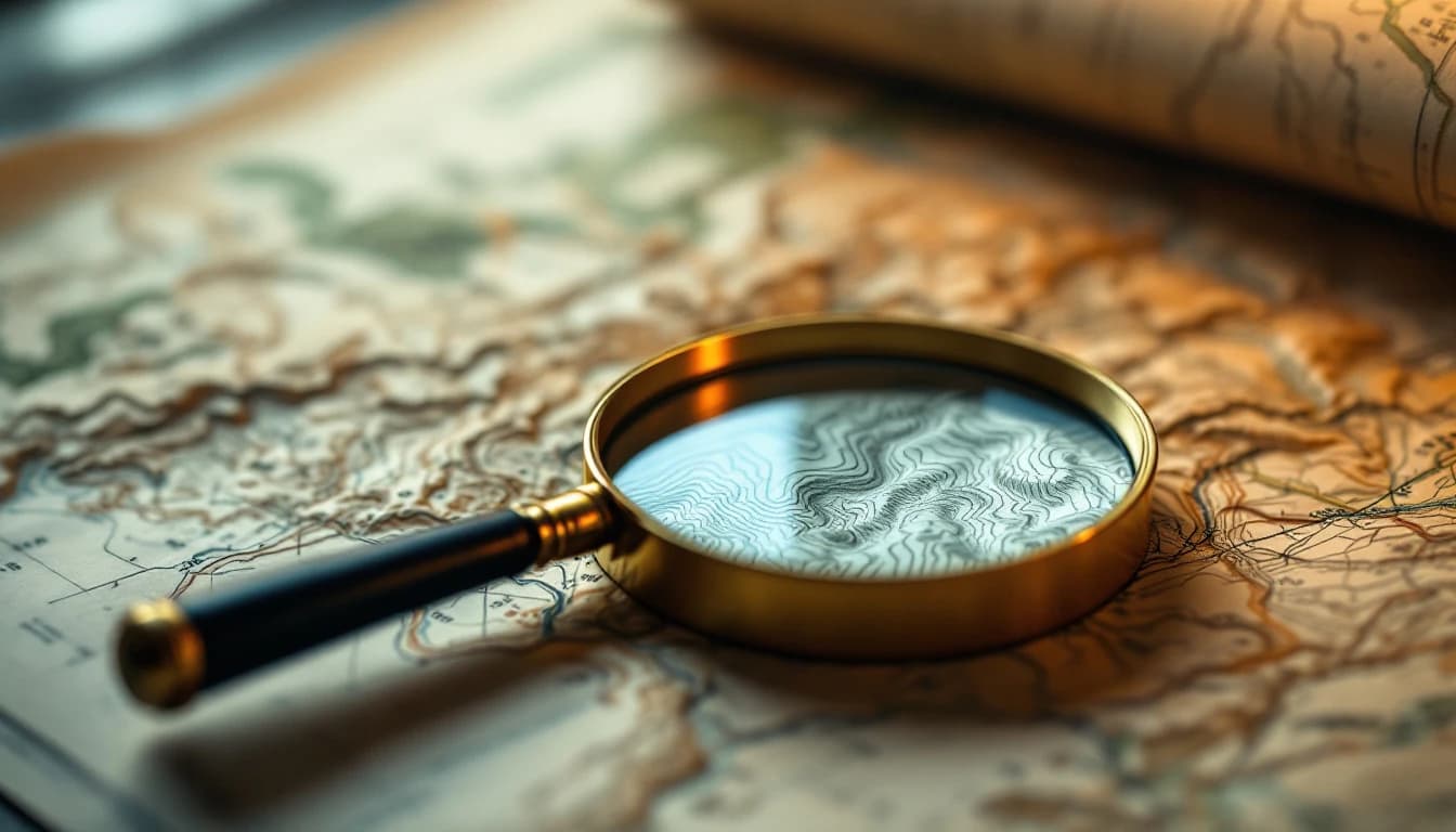 A brass magnifying glass resting on a folded paper map, the lens enlarging a cluster of contour lines
