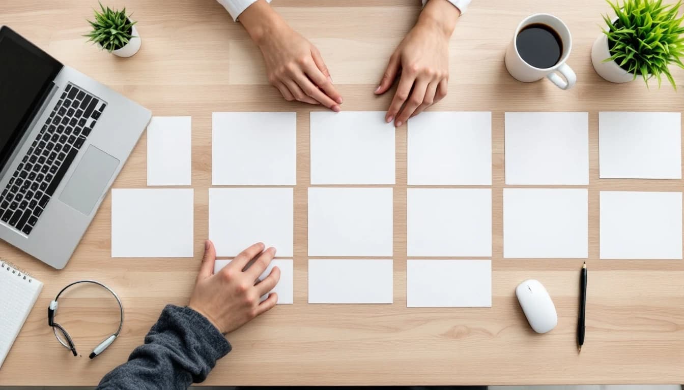 Hands arranging blank white cards into neat rows on a light wooden desk beside a laptop and a cup of coffee