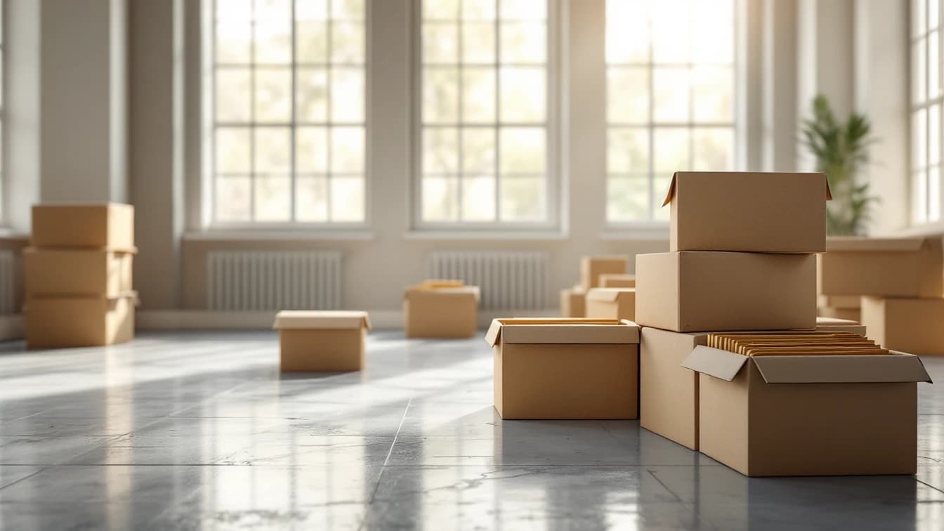 Stacked open cardboard archive boxes filled with manila folders on the polished concrete floor of an empty office
