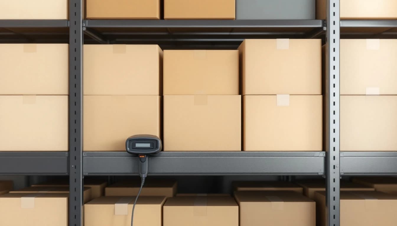A neatly arranged retail stockroom shelf with plain cardboard boxes and a handheld barcode scanner resting on the edge