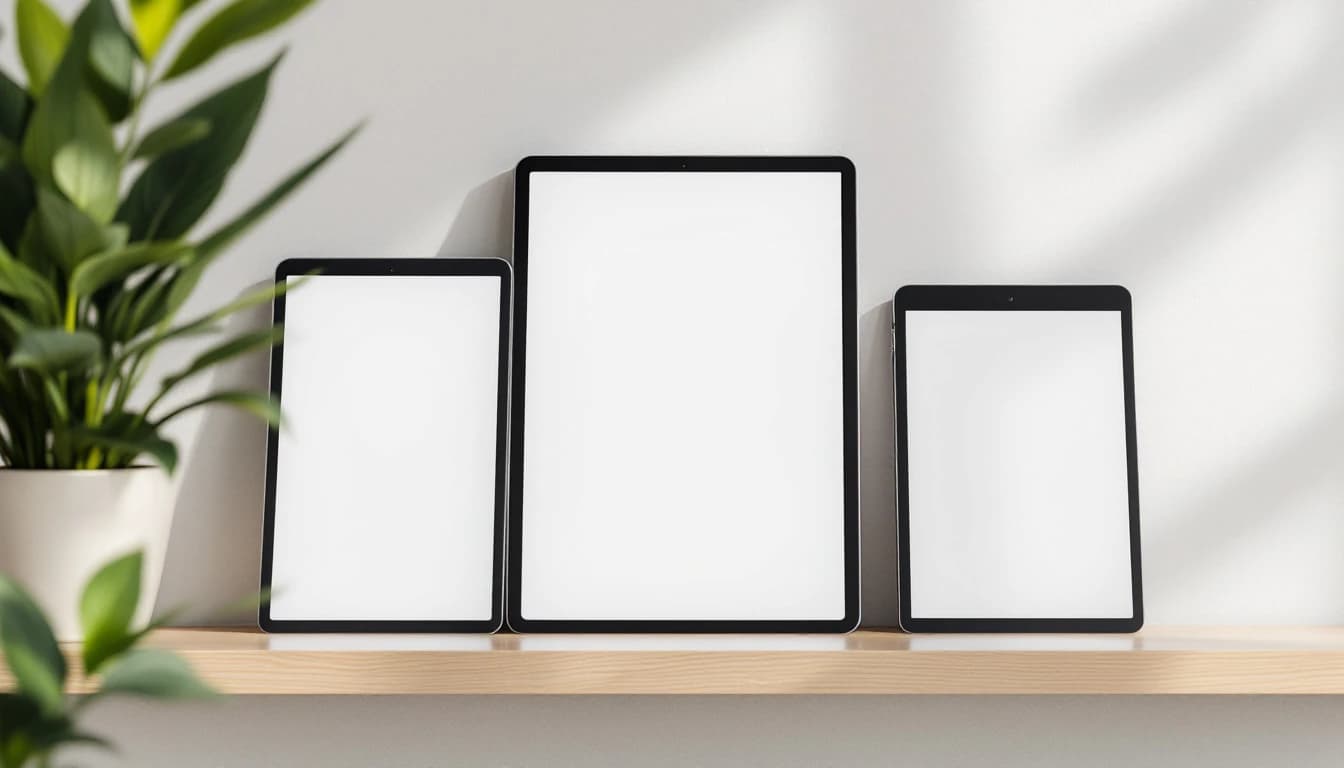 Three tablets of different sizes propped upright in a row on a pale oak shelf, each showing a blank white screen