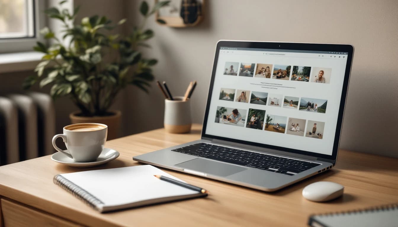 A laptop on a wooden desk showing a grid of thumbnail images beside a notebook and coffee cup