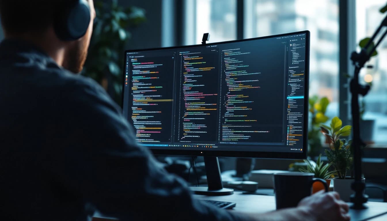 A developer inspecting structured markup in a code editor on a large monitor