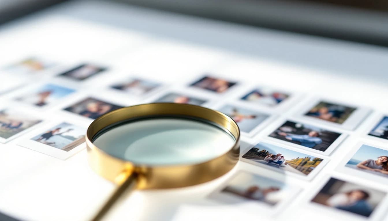 A brass magnifying loupe resting on a bright white lightbox covered with small photographic prints