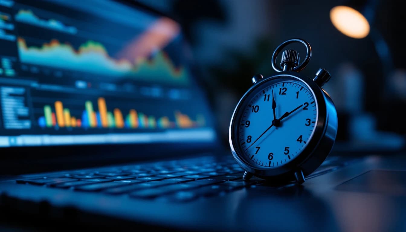 A stopwatch resting on a laptop keyboard beside a monitor displaying a performance waterfall chart