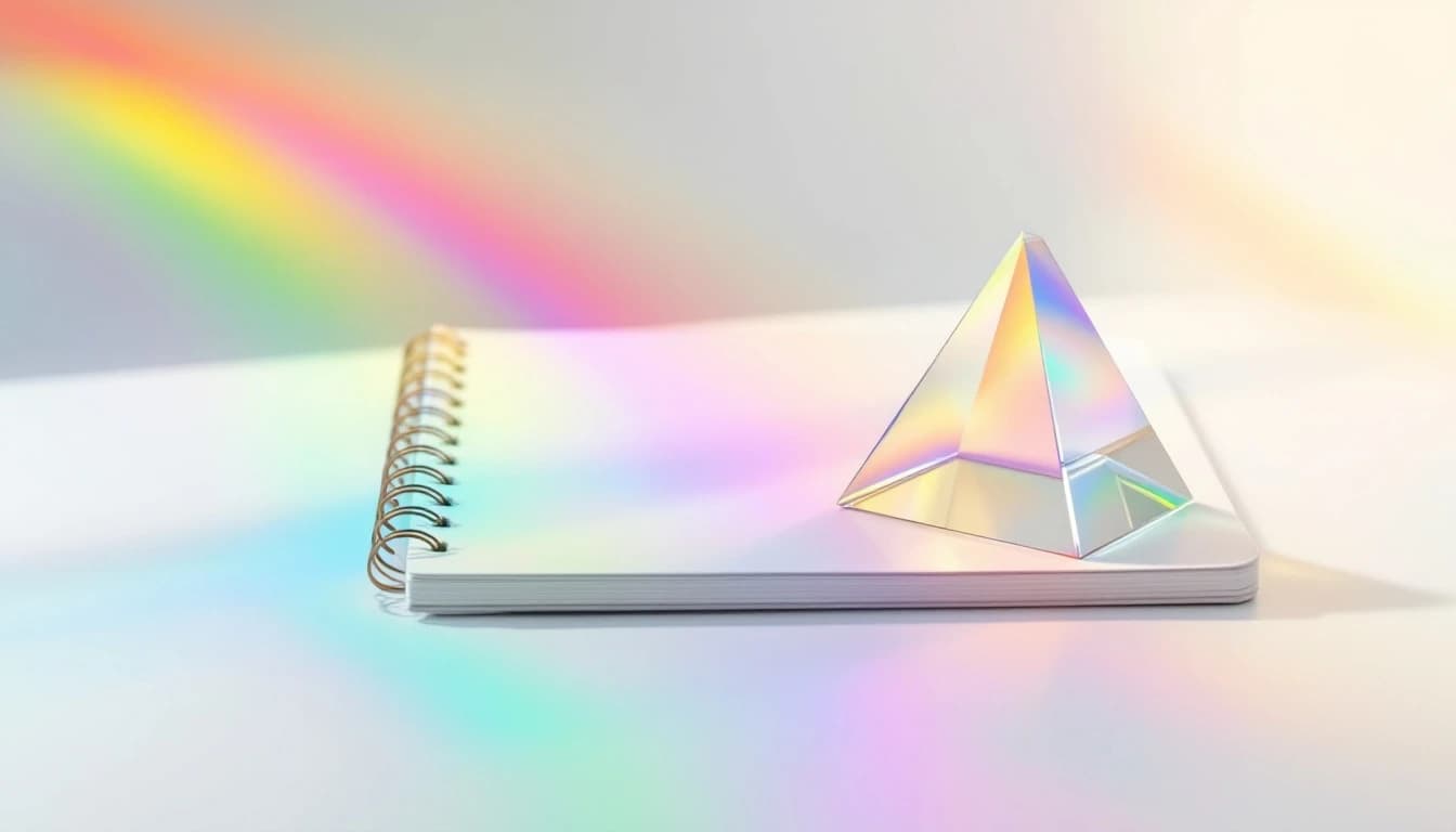 A clear triangular glass prism resting on a white spiral notebook, casting a wide rainbow of light across a white desk