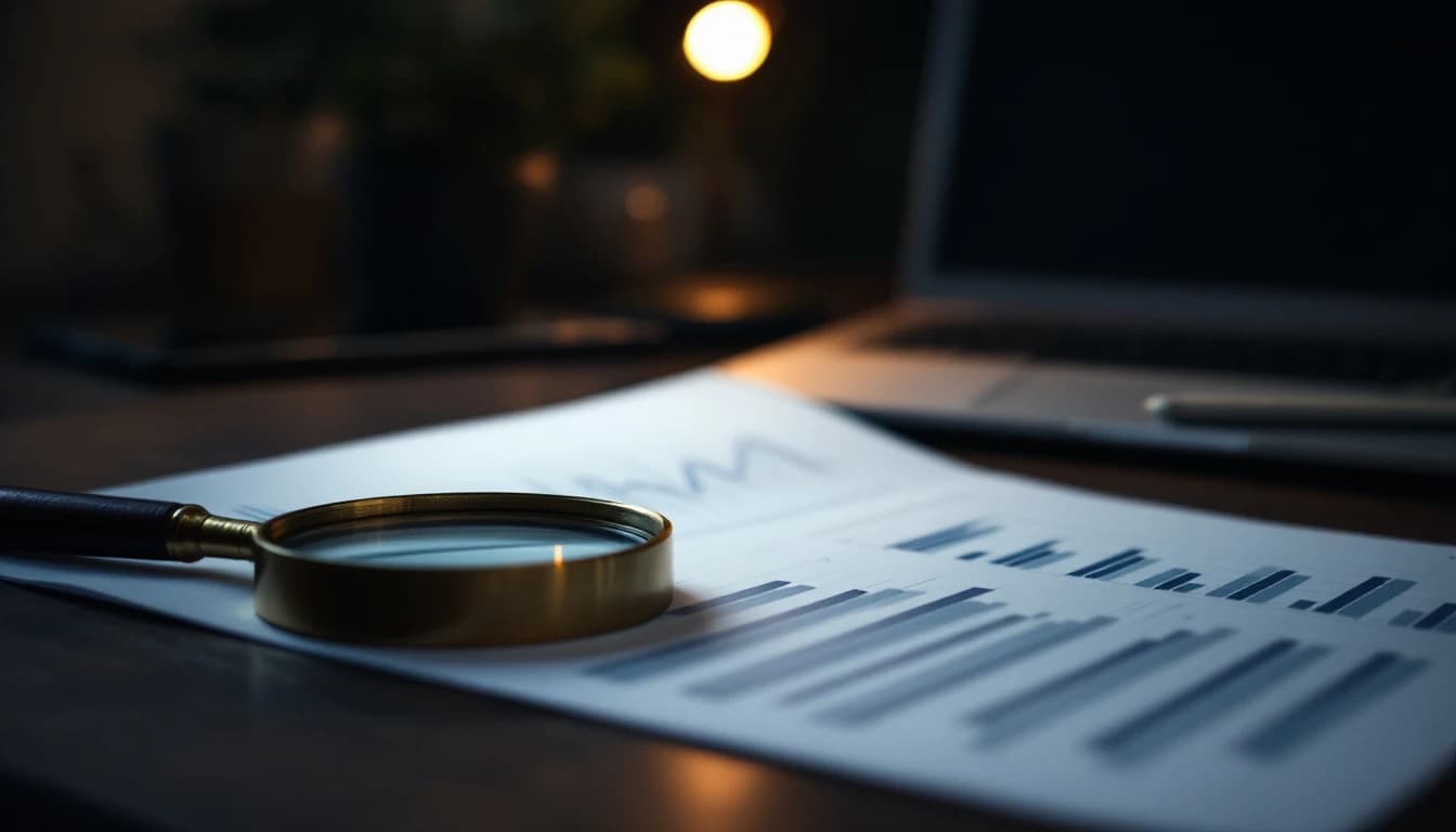 A magnifying glass resting on a printed website analytics report beside a laptop