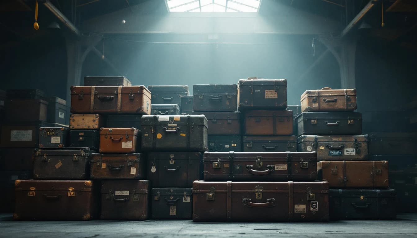 A row of vintage travel trunks with different destination labels stacked in a warehouse under skylight illumination