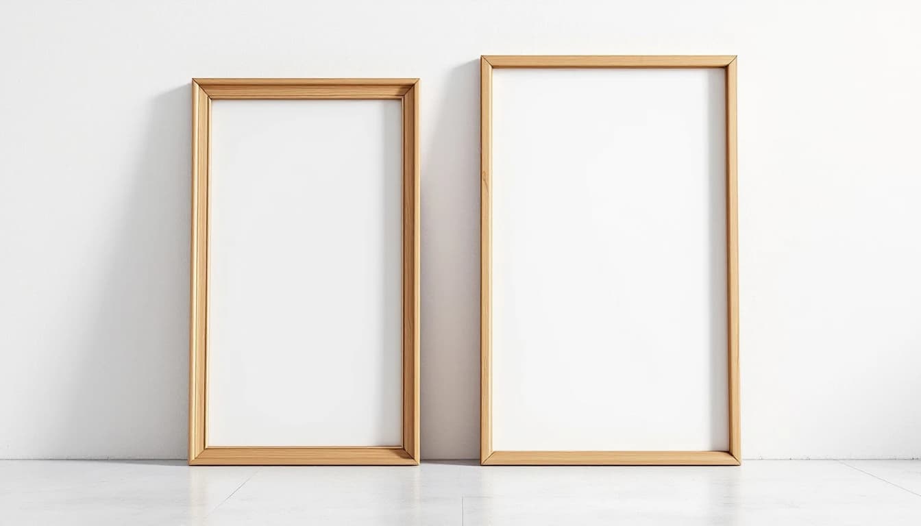 Two empty wooden picture frames of different sizes leaning against a white plaster wall on a pale concrete floor