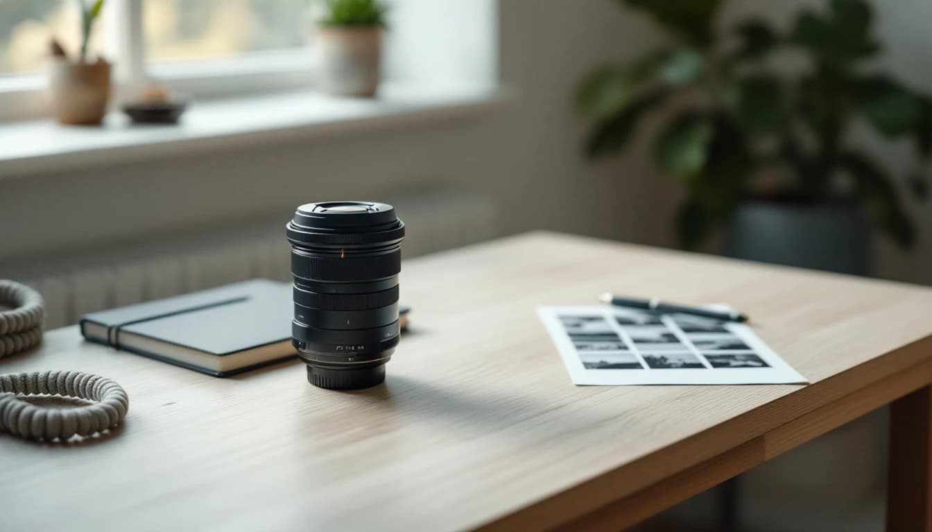 A camera lens standing upright on a pale wooden table beside a closed notebook, a pen and a printed contact sheet of small photographs