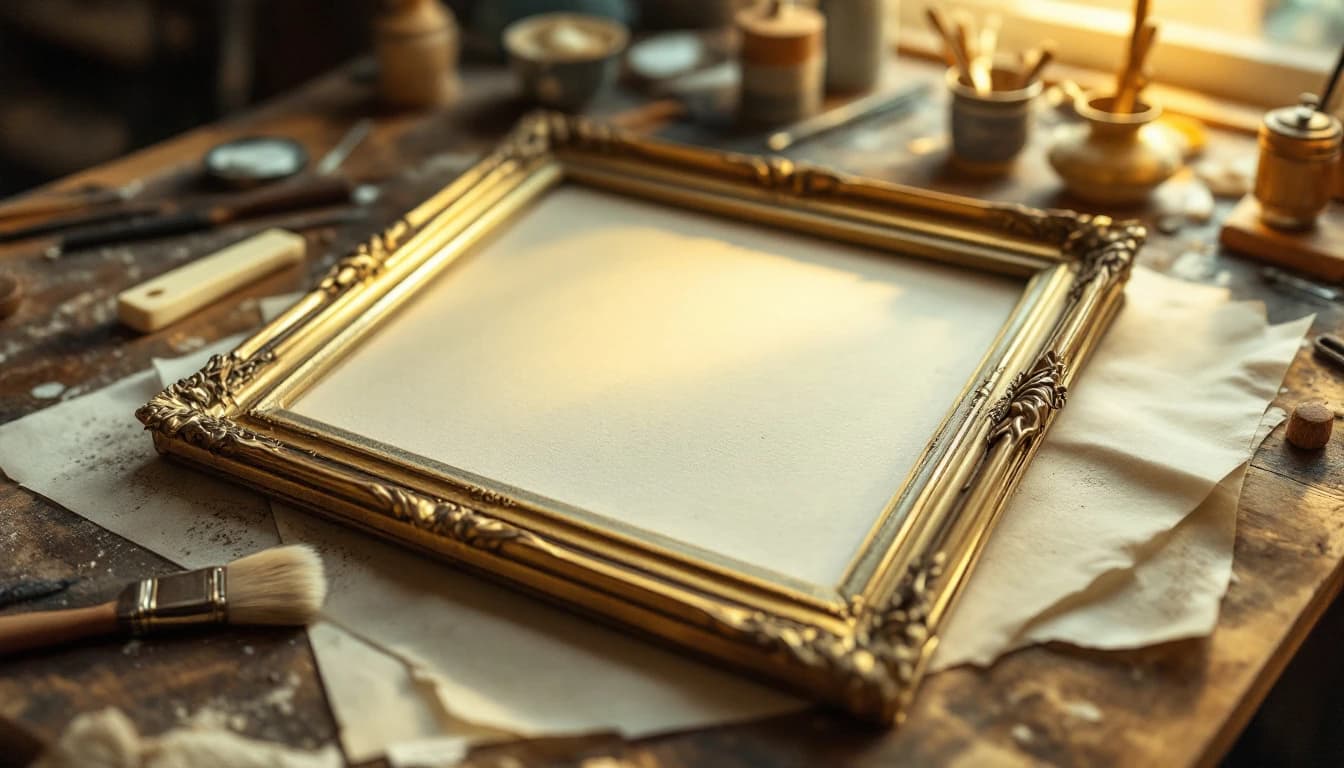 An ornate gilt picture frame with fresh blank backing laid on a restorer's workbench, a soft brush and loose sheets of backing paper beside it