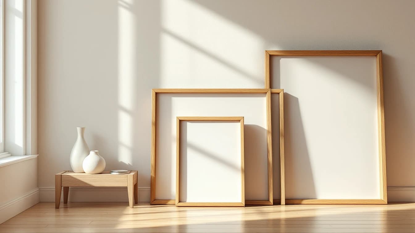 Empty wooden picture frames of descending sizes leaning nested against a pale wall in a sunlit room