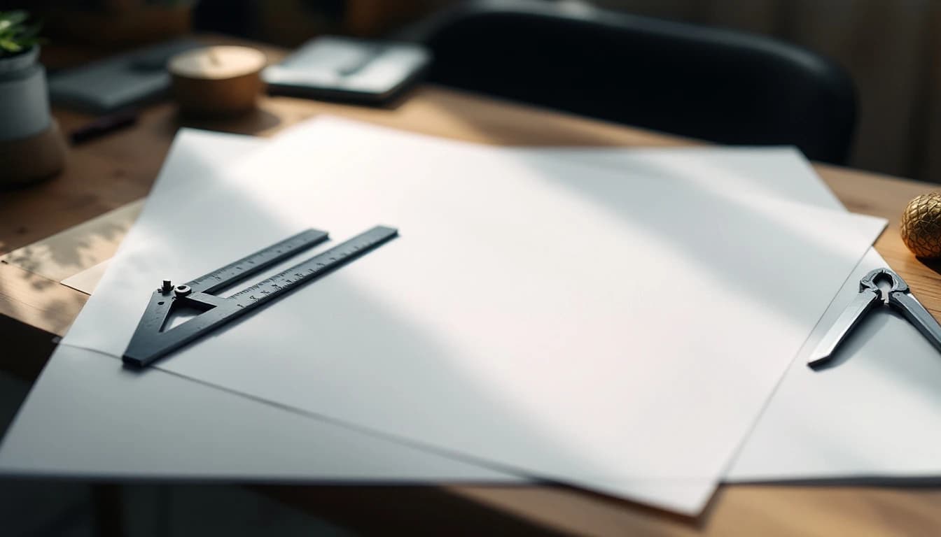 Blank drawing sheets on a light wooden desk with a metal set square and a pair of dividers resting across them