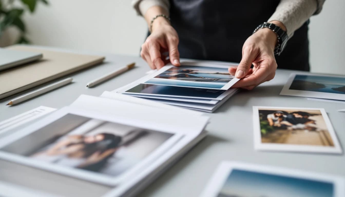 Hands sorting printed photographs into ordered stacks on a light studio table