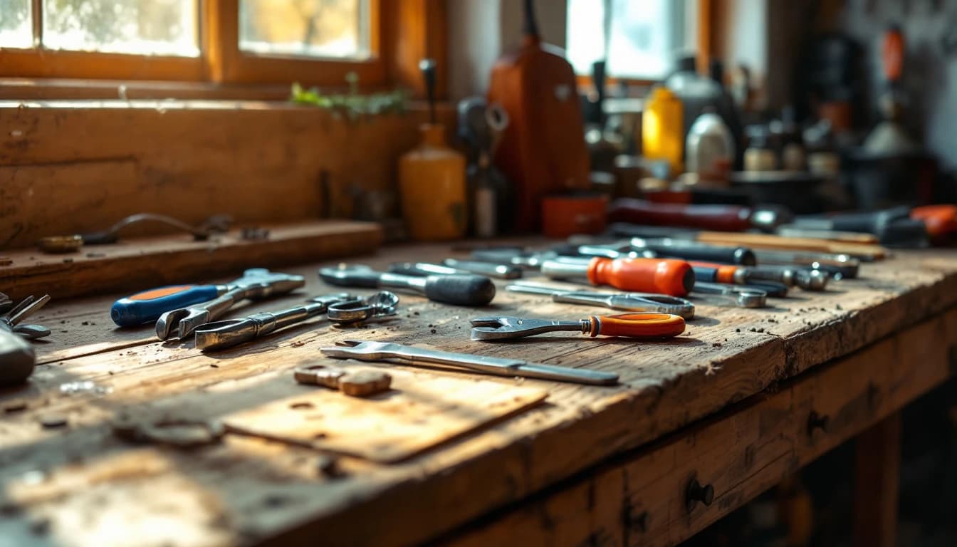 Hand tools laid out across a weathered wooden workshop bench in morning light from a window