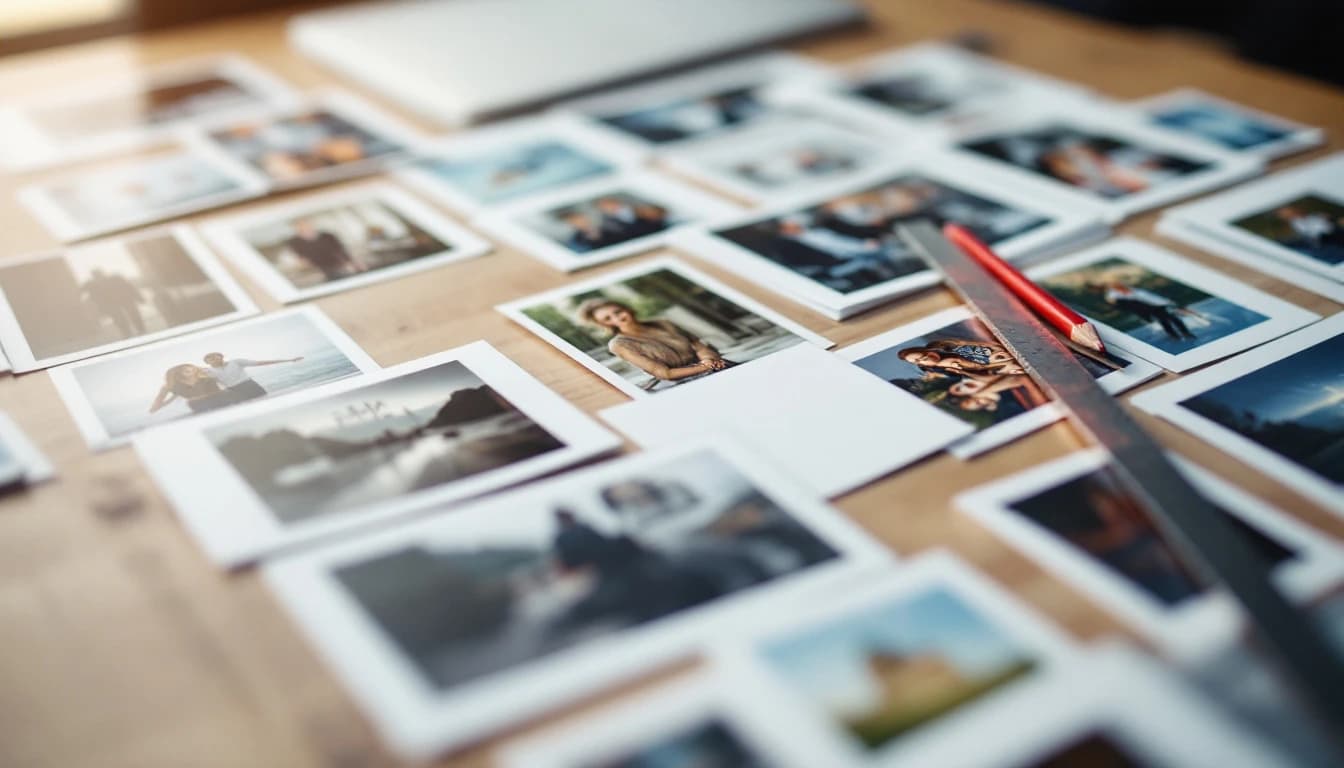Small photographic prints spread across a wooden desk with a red pencil and a steel ruler lying across them
